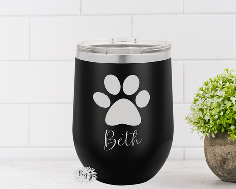 Engraved Stainless Wine Cup, Paw Print Wine Tumbler, Personalized Dog Tumbler, Lots Of Colors, Your Initials