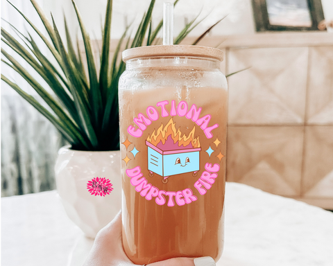 Iced Coffee Glass, Emotional Dumpster Fire Iced Coffee Glass 16oz. Pint Glass Lid & Straw, Iced Coffee Glass, Beer Glass, Emotional Dumpster