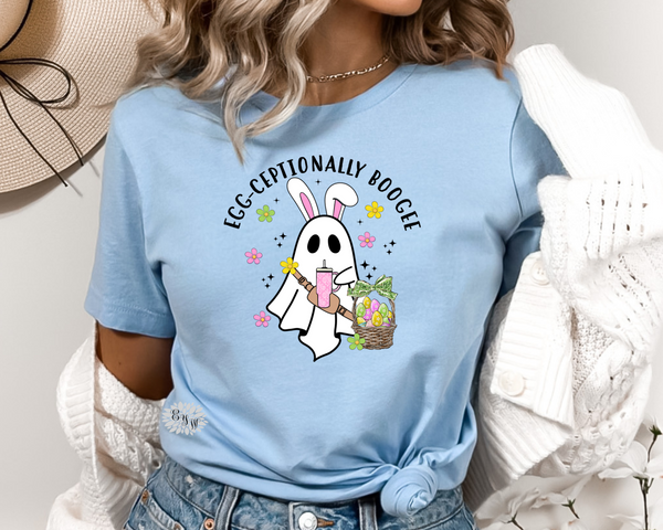 Easter T-Shirt, Eggceptionally Boogee Crewneck Tee Shirt, Cute Easter Bunny Adult T Shirt, Easter Bunny Tee. Lots Of Colors