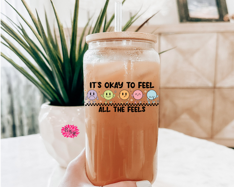 Iced Coffee Glass, It's Ok To Feel All The Feels Iced Coffee Glass 16oz. Pint Glass Lid & Straw, Iced Coffee Glass, Beer Glass, Smiley Faces