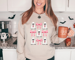 Ghost Sweatshirt, Halloween Sweatshirt, Iced Coffee Ghosts And Coquette Bows Sweatshirt, Fall Sweatshirt, Fall Adult Sweatshirt, Many Colors