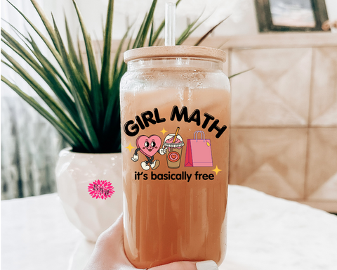 Iced Coffee Glass, Girl Math Iced Coffee Glass 16oz. Pint Glass Lid & Straw, Iced Coffee Glass, Beer Glass, Girl Math It's Basically Free