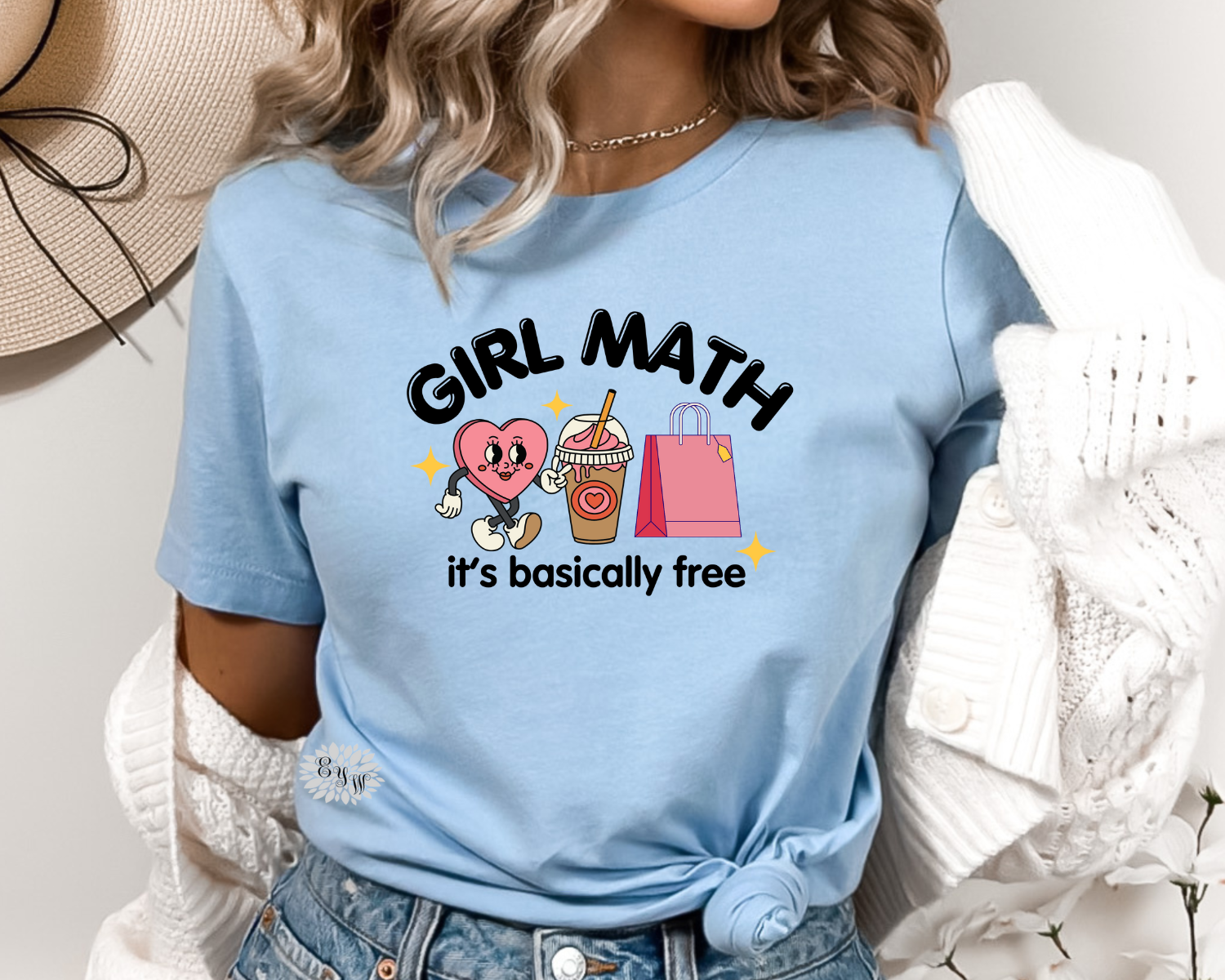 Girl Math T-Shirt, Girl Math It's Basically Free Crewneck Tee Shirt, Coquette Adult T Shirt, Girl Math Tee. Lots Of Colors