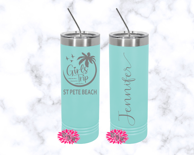 Girls Trip Vacation Engraved Tumbler, 2 Sided Etched Tumbler, Personalized Vacation Tumbler, Girls Getaway Cup Skinny Steel, Slider Lid