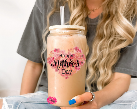 Iced Coffee Glass, Happy Mother's Day Glass, Bright Floral Letters Iced Coffee Glass, 16oz Pint Glass Lid & Straw, Mama Iced Coffee Glass, Beer Glass