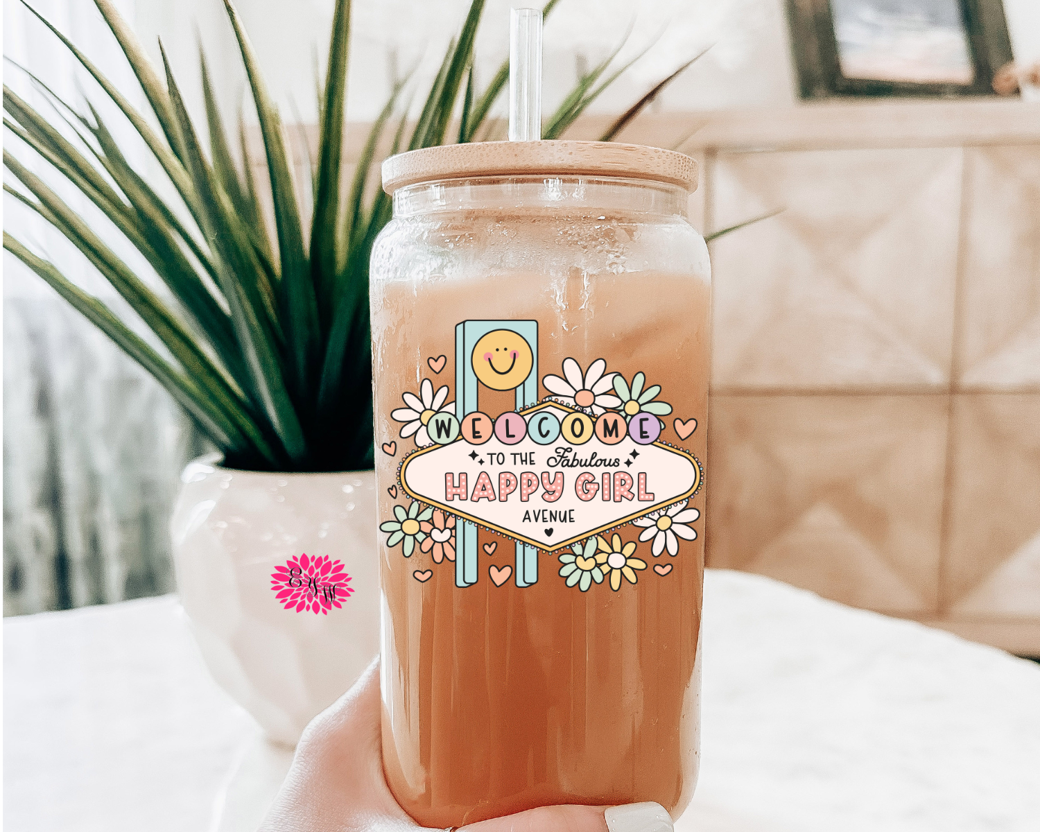 Iced Coffee Glass, Welcome To My Fabulous Happy Girl Avenue Iced Coffee Glass 16oz. Pint Glass Lid & Straw, Iced Coffee Glass, Beer Glass