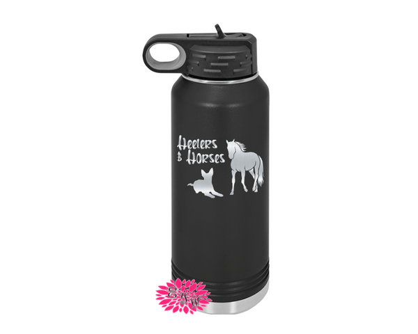 Water Bottle, Personalized Heelers & Horses Etched Water Bottle With Straw, 32oz Stainless Steel Water Bottle, Stainless Steel Sports Bottle