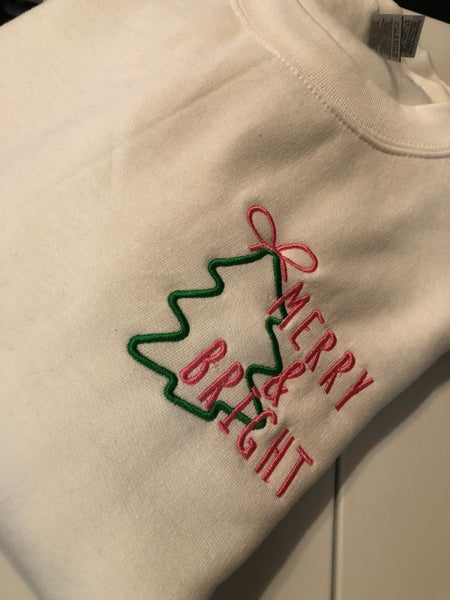 Merry And Bright Embroidered Sweatshirt, Christmas Crewneck Sweatshirt, Christmas Embroidered Adult Sweatshirt Many Shirt & Thread Colors