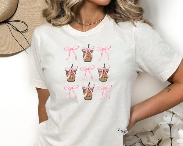 Coquette Bow T-Shirt, Coquette Bows & Iced Coffee Crewneck Tee Shirt, Coquette Adult T Shirt, Coquette Bow Tee. Lots Of Colors