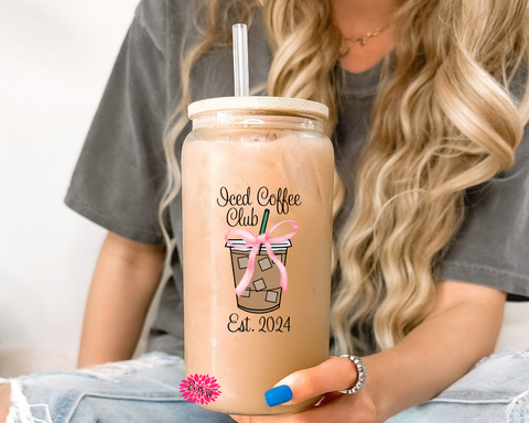 Iced Coffee Glass, Iced Coffee Club Glass, Iced Coffee Club Iced Coffee Glass, 16oz Pint Glass Lid & Straw, Iced Coffee Club Glass