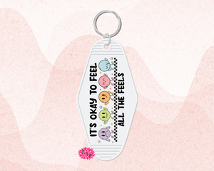 Motel Keychain, It's Ok To Feel All The Feels Keychain, White Motel Keychain, Backpack Key Tag, Retro Keychain, UV Printed Keyring