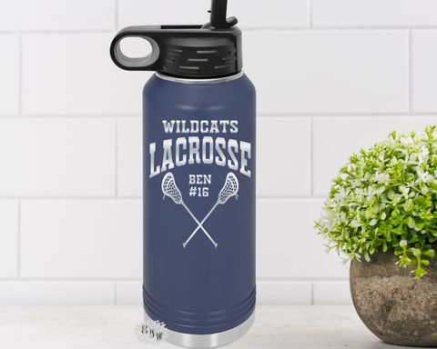 Engraved Water Bottle, Personalized Lacrosse Etched Water Bottle With Straw, 4 SIZES, Stainless Steel Water Bottle, Sports Bottle, LAX Team