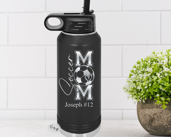 Soccer Mom Water Bottle, Engraved Soccer Water Bottle With Straw, 4 SIZES, Soccer Bottle, Stainless Steel Water Bottle, Custom Bottle