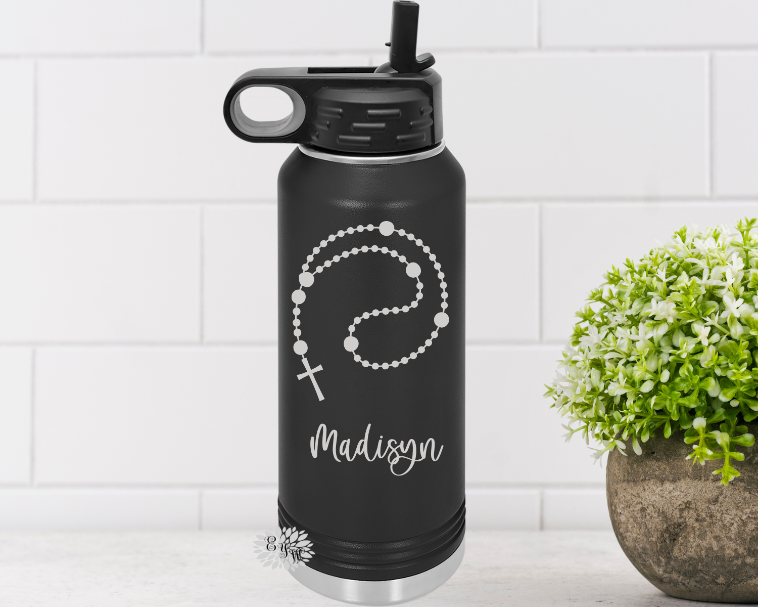 Engraved Water Bottle, Personalized Etched Bottle, Rosary Beads Water Bottle With Straw, 4 SIZES Stainless Steel Bottle, Stainless Bottle