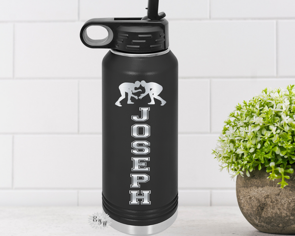 Wrestling Bottle, Engraved Wrestling Bottle, Personalized Stainless Steel Wrestling Bottle With Straw, 4 Sizes, 16 Colors