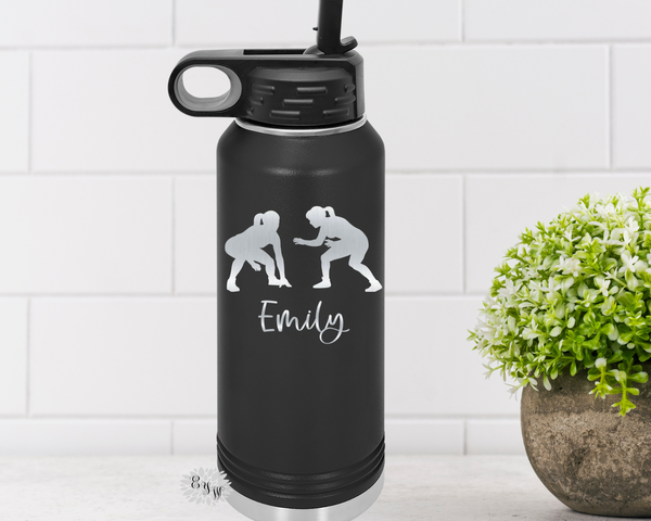 Wrestling Water Bottle, Engraved Water Bottle W/ Straw, 4 SIZES, Girls Wrestling Stainless Steel Water Bottle, Stainless Steel Sports Bottle