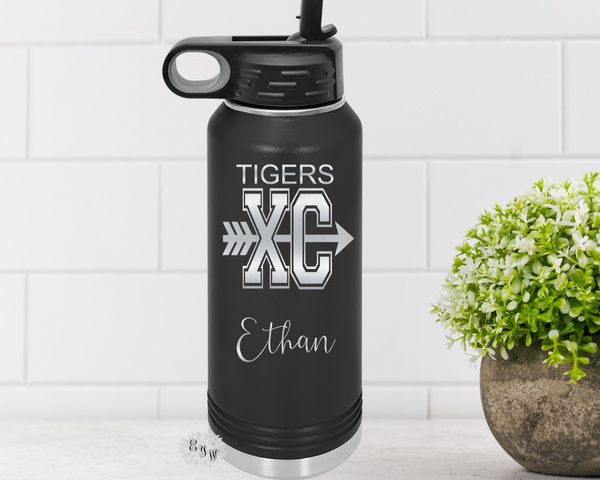 Engraved Water Bottle, Personalized Etched Cross Country Water Bottle With Straw, 4 SIZES, Stainless Steel Bottle, Stainless Sport Bottle