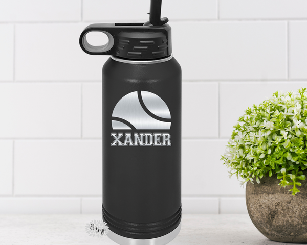 Engraved Tennis Bottle, Personalized Tennis Water Bottle With Straw, 4 SIZES Stainless Steel Water Bottle, Etched Sports Bottle