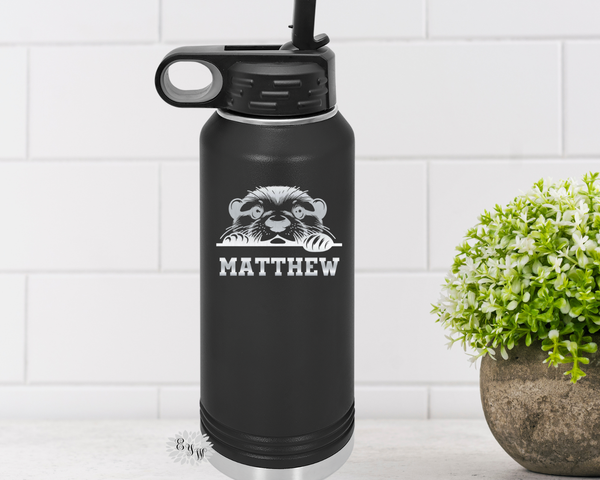Engraved Bottle, Personalized Otter Etched Water Bottle With Straw, 4 SIZES Stainless Steel Water Bottle, Custom Stainless Sports Bottle