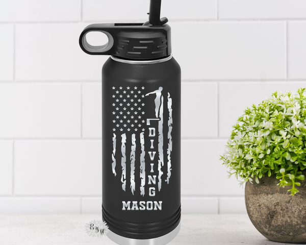 Engraved Water Bottle, Personalized Flag Diving Bottle, Etched Water Bottle With Straw, 4 SIZE Stainless Steel Water Bottle, Swimming Bottle