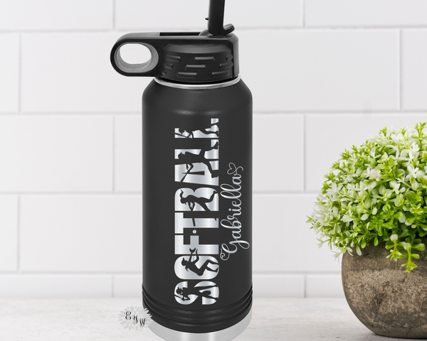 Engraved Water Bottle, Etched Water Bottle With Straw, 4 SIzes, Girls Softball Bottle, Stainless Steel Water Bottle, Custom Sports Bottle