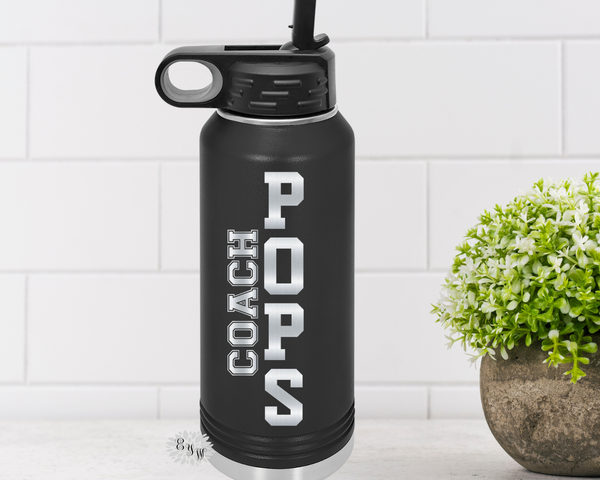 Engraved Water Bottle, Etched Water Bottle With Straw 4 SIZES, Coach Water Bottle, Stainless Steel Water Bottle, Custom Sports Bottle