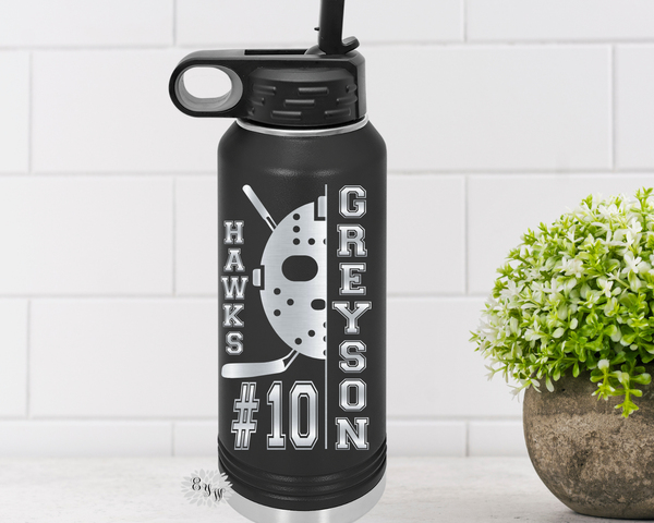 Engraved Water Bottle, Personalized Hockey Mask Water Bottle With Straw, 4 SIZES Stainless Steel Water Bottle, Custom Stainless Sport Bottle