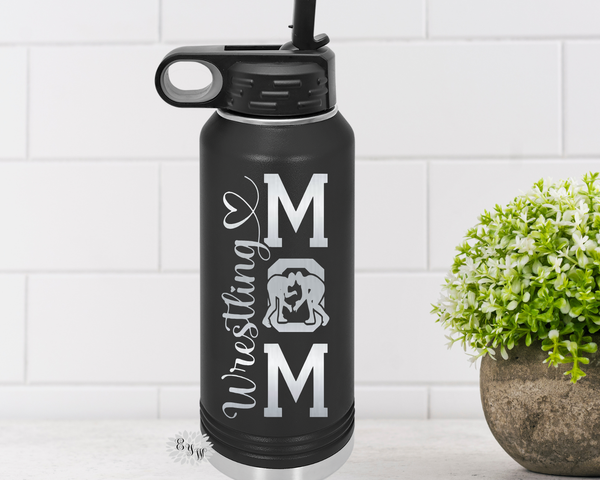 Wrestling Mom Bottle, Engraved Bottle, Etched Water Bottle With Straw, 4 SIZES, Stainless Steel Water Bottle, Stainless Steel Sports Bottle