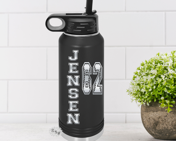 Engraved Water Bottle, Etched Water Bottle With Straw 4 SIZES, Baseball Bottles For Team, Stainless Steel Water Bottle, Custom Sports Bottle