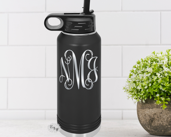Engraved Water Bottle, Monogram Etched Water Bottle With Straw, Custom 4 SIZES, Stainless Water Bottle, Stainless Steel Sport Bottle