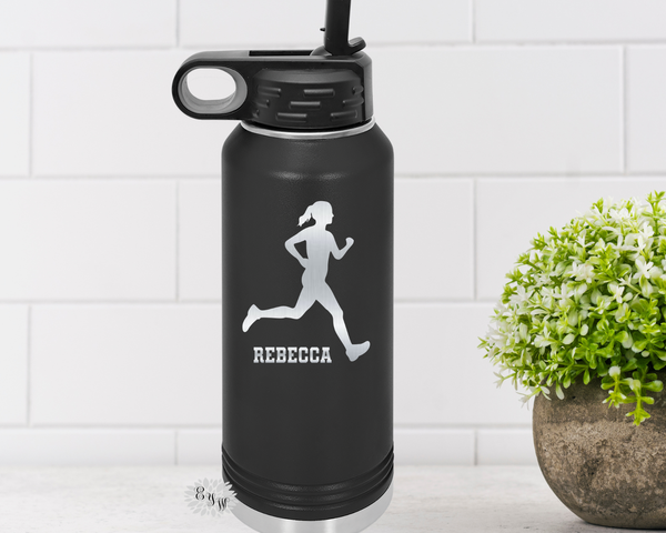 Engraved Water Bottle, Personalized Etched Runner Water Bottle With Straw, 4 SIZES Stainless Steel Bottle, Stainless Sport Bottle