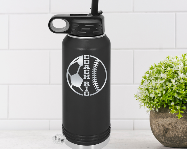 Engraved Water Bottle, Etched Water Bottle With Straw 4 SIZES, Baseball & Soccer Bottle, 2 Sports, Stainless Steel Custom Water Bottle