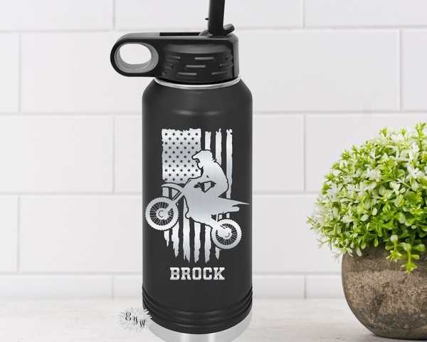 Engraved Water Bottle, Etched Water Bottle With Straw 4 SIZES, Motorbike, Dirt Bike Stainless Steel Water Bottle, Custom Sports Bottle