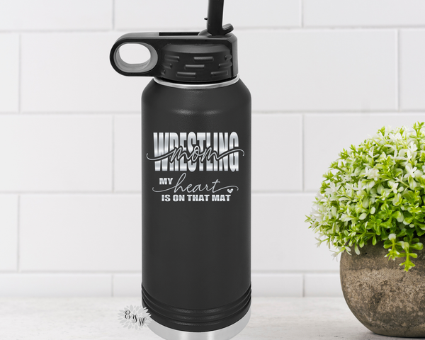 Wrestling Mom Bottle, Engraved Bottle, Etched Water Bottle With Straw, 4 SIZES, Stainless Steel Water Bottle, Stainless Steel Sports Bottle