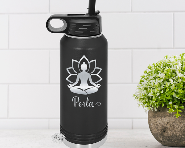 Yoga Water Bottle, Engraved Yoga Bottle, Etched Water Bottle With Straw, 4 SIZES, Stainless Steel Water Bottle, Custom Sports Bottle
