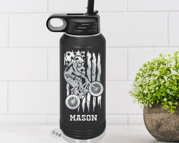Engraved Water Bottle, Etched Water Bottle With Straw 4 SIZES, Bicycle Stunt Bottle, Bike Stainless Steel Water Bottle, Custom Sports Bottle