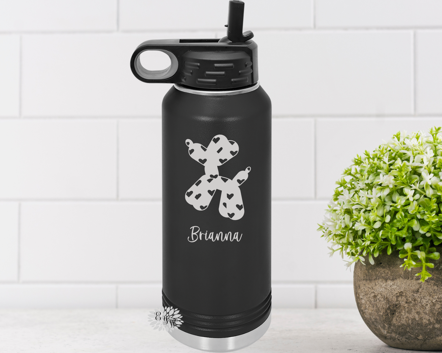 Engraved Water Bottle, Personalized Balloon Dog Etched With Hearts Water Bottle With Straw, 4 SIZES, Stainless Water Bottle, Stainless Steel