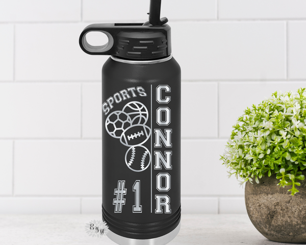 Engraved Water Bottle, Etched Water Bottle With Straw 4 SIZES, Multi Sports Bottles, Stainless Steel Water Bottle, Custom Sports Bottle