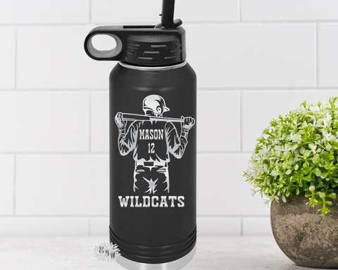 Engraved Water Bottle, Etched Water Bottle With Straw 4 SIZES, Baseball Bottles For Team, Stainless Steel Water Bottle, Custom Sports Bottle