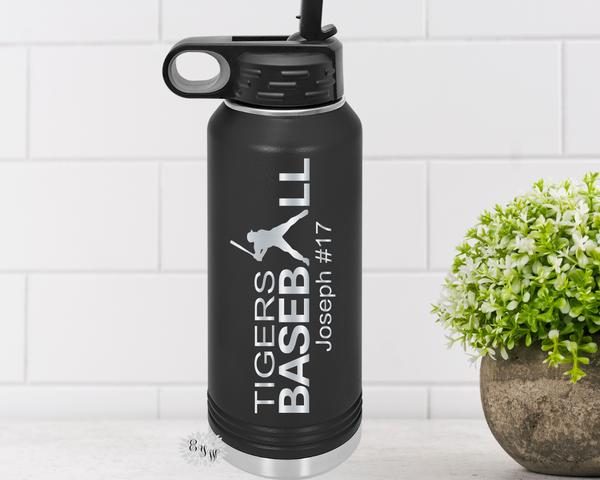 Engraved Water Bottle, Etched Water Bottle With Straw 4 SIZES, Baseball Bottles For Team, Stainless Steel Water Bottle, Custom Sports Bottle