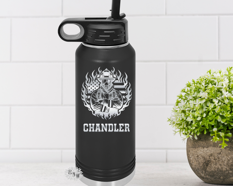 Firefighter Water Bottle, Engraved Firefighter Water Bottle With Straw, 4 SIZES, Soccer Bottle, Stainless Steel Bottle, Custom Sports Bottle