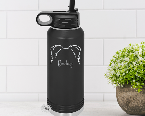 Engraved Water Bottle, Dog Ear Outline, Many Breeds, Personalized Dog Water Bottle With Straw, 4 SIZES, Stainless Water Bottle, Sport Bottle