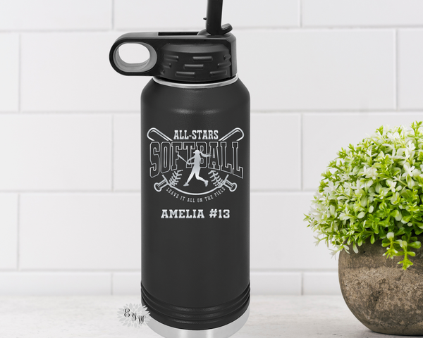 Engraved Water Bottle, Etched Water Bottle With Straw, 4 SIzes, Girls Softball Bottle, Stainless Steel Water Bottle, Custom Sports Bottle (Copy)