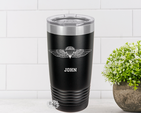 Engraved Tumbler, Free Fall Jump Wings Tumbler, Personalized Military Coffee Cup, Stainless Steel Coffee Tumbler, Slider Lid Coffee Cup
