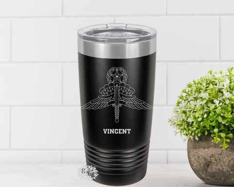 Engraved Tumbler, Free Fall Jumpmaster Badge Tumbler, Personalized Military Badge Coffee Cup, Stainless Steel Tumbler, Slider Lid Cup