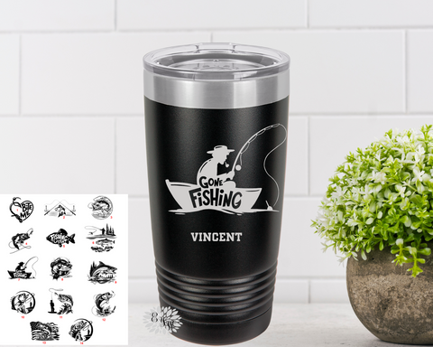 Engraved Tumbler, Personalized Fisherman's Cup, Personalized Etched Fishing Mug, Stainless Steel Coffee Tumbler, Many Fishing Images