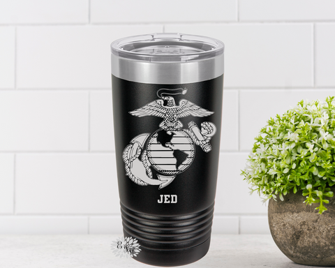 Engraved Tumbler, Eagle Globe And Anchor Tumbler, Personalized Military Coffee Cup, Stainless Steel Coffee Tumbler, Slider Lid Coffee Cup