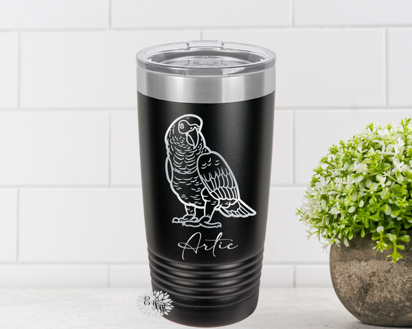 Engraved Tumbler, African Grey Bird Tumbler, Stainless Steel Coffee Cup, Personalized With Your Parrot's Name, Slider Lid Coffee Cup