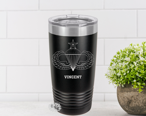 Engraved Tumbler, Parachutist Badge Jump Wings Senior Tumbler, Personalized Military Coffee Cup, Stainless Steel Tumbler, Slider Lid Cup