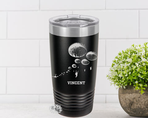 Engraved Tumbler, Airborne Tumbler, Personalized Paratrooper Coffee Cup, Military Stainless Steel Tumbler, Parachute Slider Lid Coffee Cup